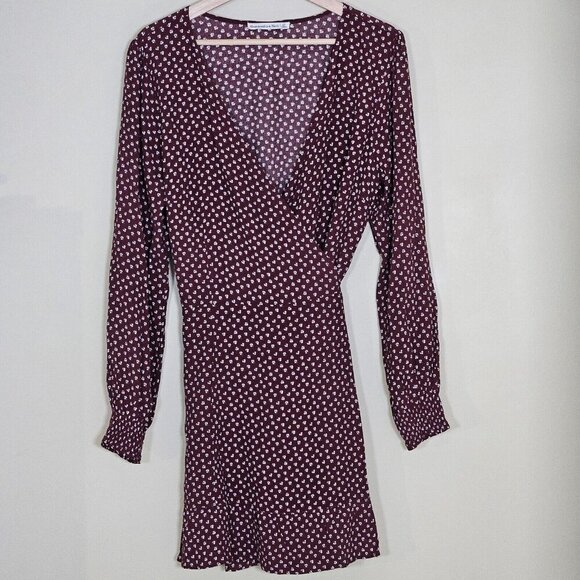 Abercrombie & Fitch Wrap Dress Women PL Wine Beige Mini Lined Ties Dainty Floral - Picture 10 of 16